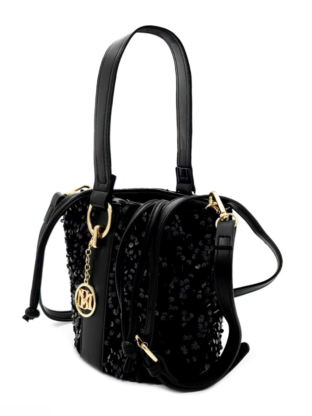 Badgley Mischka Black Sequin Bucket Bag with Gold Charm NWT $149 Retail - Picture 3 of 4